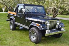 a black jeep parked on top of a lush green field