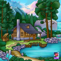 a painting of a cabin in the woods by a river with a bridge and waterfall