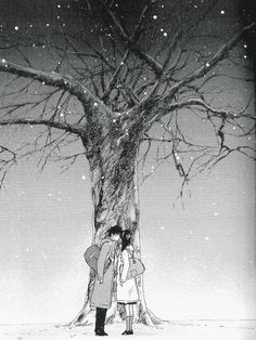 two people standing next to a tree under a snow covered sky with stars on it