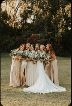 a group of women standing next to each other in front of some bushes and flowers