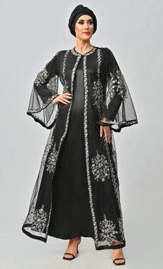 Fitted Floor-length Embellished Abaya, Embellished Fitted Long Abaya, Sequin Long Sleeve Abaya For Eid, Embellished Abaya For Eid, Fitted Abaya For Eid, Embellished Floor-length Abaya For Eid, Abaya Sleeves, Embellished Abaya, Abaya Gown