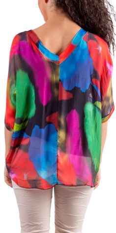 Abstract Painted Design on 100% Silk Blouse with Frayed Raw Edge Hemline. Soft, Stretchy Viscose Layer Underneath. 100% Silk Exterior | 95% Viscose | 5% Elastic Interior Made in Italy Fits Sizes XS- XL Model 5'7 Multicolor Silk Top With Vibrant Print, Multicolor Silk Tops With Vibrant Print, Casual Silk Tops With Vibrant Print, Vibrant V-neck Blouse In Multicolor Print, Vibrant Multicolor Print V-neck Blouse, Vibrant V-neck Multicolor Print Blouse, Vibrant V-neck Blouse With Multicolor Print, Summer Silk V-neck Blouse, Casual Silk Tops With Abstract Print