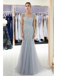 Dress With Crystals, Crystal Prom Dress, Silver Evening Dress, Flower Prom Dress, Sparkly Prom Dresses, Prom Dresses With Pockets, Tulle Evening Dress, Floor Length Prom Dresses, Prom Dresses Sleeveless