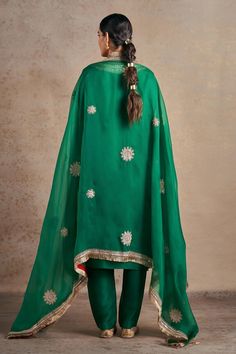 Emerald green silk kurta featuring dori embroidered floral, drop and peacock motifs embellished by sequins, gota and kiran lace on borders. Comes with matching pant and kiran lace border dupatta. - Aza Fashions Peacock Motifs, Silk Kurta, Kurta With Pants, Lace Border, Green Silk, Pants Pattern, Embroidered Silk, Set For Women, Aza Fashion