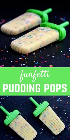 three pops with sprinkles on them and the words funfetti puddinging pops