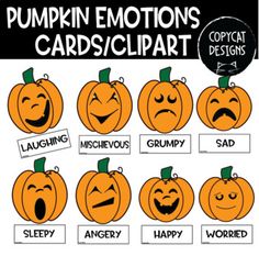 pumpkin emotions cards with different expressions and words to help them learn how to spell the word