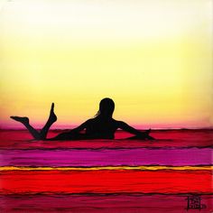 a painting of a woman laying on her stomach in the water at sunset or sunrise