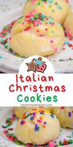 italian christmas cookies with sprinkles on a white plate and the title overlay reads, italian christmas cookies