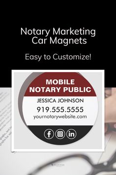 a business card with the words notary marketing car magnets easy to customize