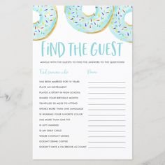 a white card with donuts on it and the words who knows are in blue