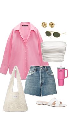 a woman in pink shirt and denim shorts with white handbag, sunglasses and purse