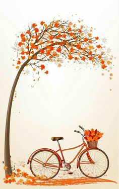 an orange bicycle parked next to a tree with autumn leaves on it's branches