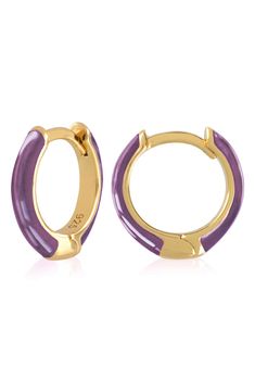 Easy-to-wear hoop earrings will add significant polish to even your most casual ensembles. 1/2" drop; 1/8" width Hinge with snap-post closure Sterling silver with goldtone plate/enamel Imported Gift Enamel Dangle Hoop Earrings, Elegant Enamel Hoop Jewelry, Nickel-free Enamel Hoop Earrings As Gift, Nickel-free Enamel Hoop Earrings, Nickel-free Purple Enamel Jewelry, Huggie Hoop Earrings, Nordstrom Rack, Gold Tones, Hoop Earrings