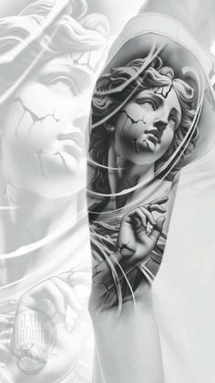 a woman's arm with tattoos on it and an image of a lion in the background