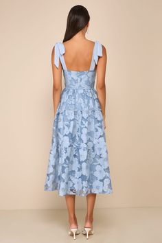 Blue Floral Dress - Tiered Tie-Strap Dress - Floral Midi Dress - Lulus Blue Prom Dress With Ruffled Straps, Blue Spaghetti Strap Dress With Adjustable Straps, A-line Dresses With Bow Straps For Brunch, Blue Sleeveless Dress With Delicate Straps, Blue Party Dresses With Adjustable Straps, Light Blue Sundress With Ruffled Straps, Blue Party Dress With Delicate Straps, Elegant Blue Dress With Ruffled Straps, Sleeveless Midi Dress With Adjustable Straps For Wedding