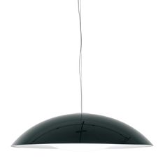 a black and white photo of a light hanging from a ceiling fixture in the shape of a cone