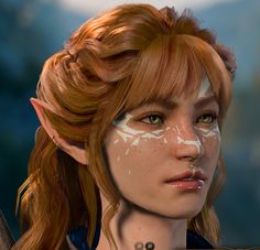 an elf with red hair and white paint on her face