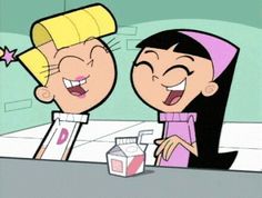 an animated image of two people sitting at a table with milk in front of them