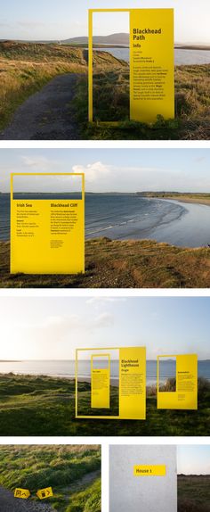 four different views of yellow signage on the side of a road next to an ocean