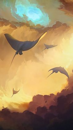 three birds flying in the sky at sunset