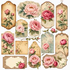 a bunch of tags with pink flowers and leaves on them, all in different styles