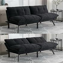 three different pictures of a black couch in a living room with white walls and flooring