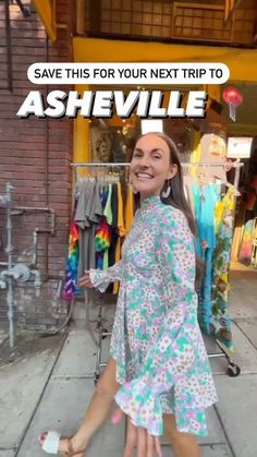 a woman standing in front of a clothing store with the caption save this for your next trip to ashsville