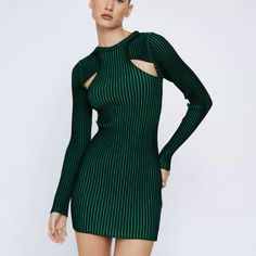 New Nasty Gal Dress In Small!! Nwt. Cut It Out. Feel Fierce In Our Mini Dress, With A High Quality Knit Fabric, Plated Design, And A Body Contouring Stripe Pattern And Bodycon Fit. Allow Our Knit Mini Dress With Cut Out Details To Carry You Seamlessly From Sunrise To Sundown. Plated Knit Cut Out Long Sleeve Mini Dress High Quality Knitted Fabric Warm Long Sleeves Eye Catching Cut Out Details High Neckline Flattering Bodycon Fit Green Ribbed Mini Dress For Party, Petite Knit, Copper Dress, Short Satin Dress, Pink Wrap Dress, Pink Slip Dress, Yellow Mini Dress, Black Lace Mini Dress, Cut It Out