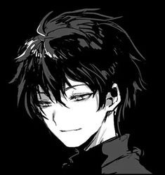 an anime character with black hair and eyes looking to the side, in front of a dark background