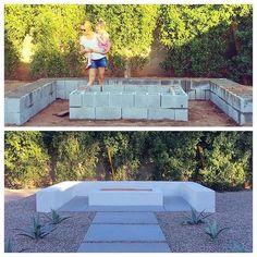 two pictures side by side, one is made out of cinder blocks and the other has plants