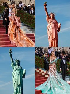 the statue of liberty and lady liberty are shown in three different pictures, one is wearing an orange dress