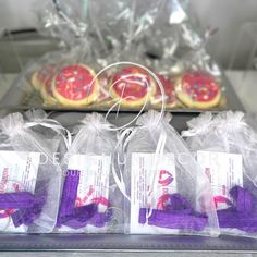 bags of doughnuts sitting on top of a counter