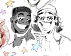 a drawing of two people wearing sunglasses and one is pointing at the camera with stars around them