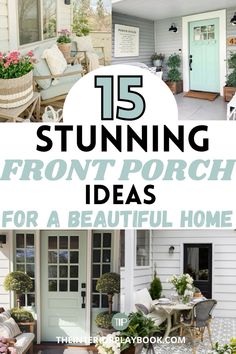 the front porch is decorated with flowers and potted plants for an outdoor space to sit on