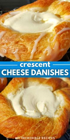 cheese danishes on a cooling rack with text overlay reading crescent cheese danishes