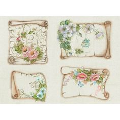 four frames with flowers and birdcage on them