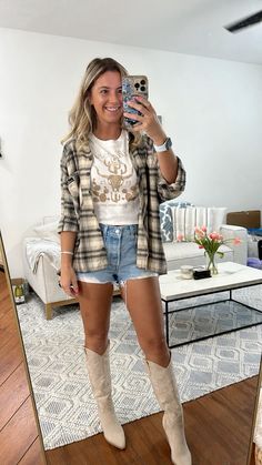 Country concert or fall outfit   #levishorts #printedcroptop #flannel #croppedtee #countryconcert #countryconcertoutfit #westernboots #cowboyboots  //country concert outfit  Follow my shop @nicole_raynor on the @shop.LTK app to shop this post and get my exclusive app-only content!  #liketkit #LTKStyleTip #LTKSeasonal #LTKFindsUnder100 @shop.ltk https://liketk.it/4Ojwx Dylan Gossett Concert Outfit, Cute Outfits For Country Concert, Kane Brown Concert Outfit Ideas, Country Music Concert Outfit Fall, Flannels Outfit, Dylan Gossett, Spring Concert Outfit Ideas, Cowgirl Boots Outfits, Luke Bryan Concert Outfit