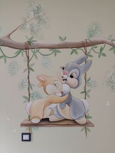 a painting of a rabbit hugging another bunny on a swing with flowers in the background