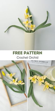 crochet daffodils in a vase with text overlay that says free pattern