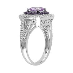 Decorated with a cushion-cut genuine Rose de France amethyst center stone framed by genuine amethyst and lab-created white sapphire accents, this sterling silver halo ring is altogether exquisite. Comes in a gift box. Click on this JEWELRY & WATCHES GUIDE to learn about fit, styles, materials and more!RING DETAILS Width: .52 in. Metal: sterling silver, black rhodium-plated sterling silver Features: split-shank band and filigree details STONE DETAILS Stone type: genuine Rose de France amethyst, g Sterling Silver Halo Ring, Silver Halo Ring, Sapphire Halo Ring, Bridesmaid Jewelry Sets, Black Rhodium, Halo Ring, Halo Rings, White Sapphire, Rhodium Plated