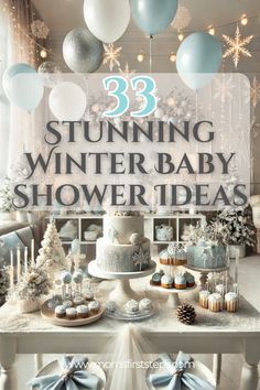 a baby shower with blue and white decorations, balloons and snowflakes hanging from the ceiling