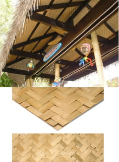 several pictures of different types of wood in the same area, including straw roofing and thatched rafters