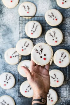 a person holding up a frosted christmas cookie with reindeer faces on it, surrounded by other decorated cookies