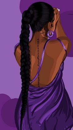 the back of a woman's head with braids in her hair, wearing a purple dress