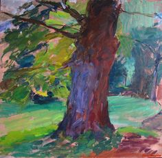 an oil painting of a tree in a park