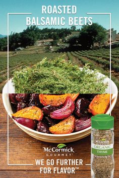 an advertisement for roasted balsamic beets on a wooden table