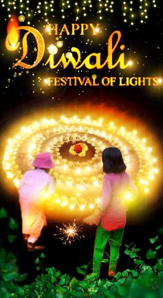 two people standing in front of a circular light with the words happy diwal festival of lights