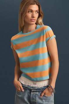 Cotton Pullover styling Machine wash Imported | Brentwood T-Shirt by KULE in Blue, Women's, Size: XS, Cotton at Anthropologie Candles For Sale, Cotton Pullover, Good American, 50 Fashion, Striped Tee, Leisure Wear, Striped Shirt, Pullover Styling, Clothing And Shoes