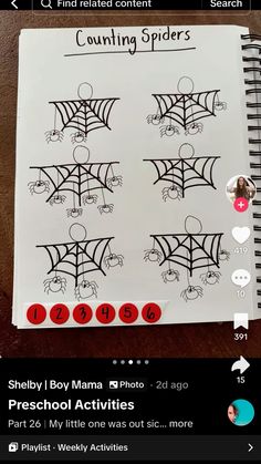 a sheet of paper with spider webs on it and the words counting spiders below