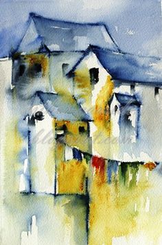 watercolor painting of houses in the rain